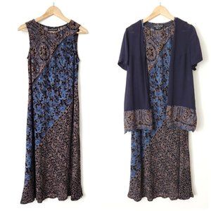 Vintage Carole Little Midi Dress‎ & Top Set Antique Scroll Print Blue Gold // 14